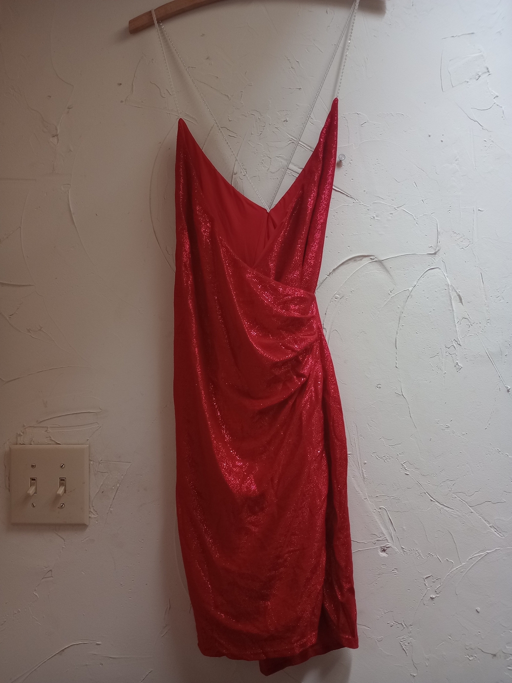 Red Sparkle Halter Mini Dress with V-Neck - Picture 2 of 8